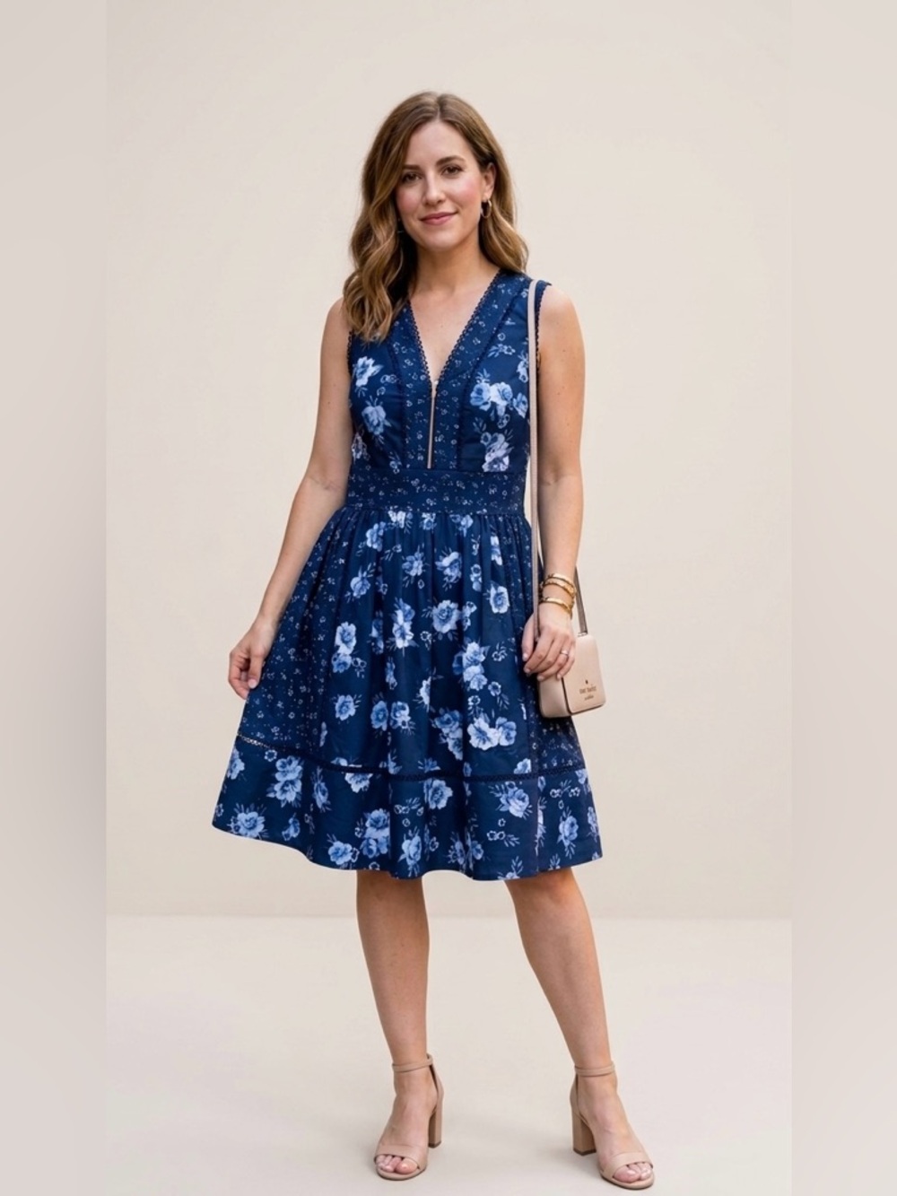 Kate Spade‎ Blue Floral Lace-Trim Fit & Flare V-Neck Dress - Sleeveless Midi